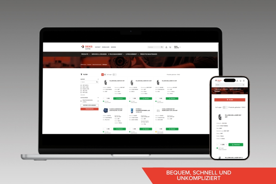 Ein Laptop und ein Smartphone präsentieren den Online-Shop von DEXIS Austria und präsentieren das Sortiment an technischen Produkten. Unter dem Smartphone ist ein rotes Banner mit der Aufschrift „Bequem, schnell und unkompliziert".